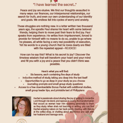 Back cover of the Again I Say rejoice Philippians Bible Study Workbook